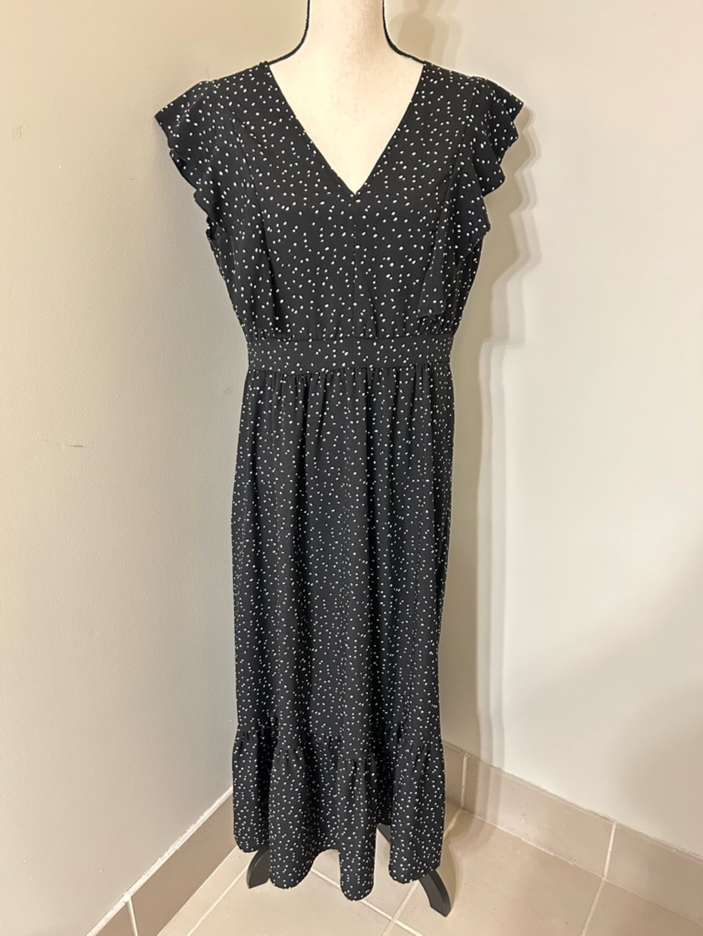 Black & White Polka Dot Maxi Dress | Ruffle Sleeves & Hem | SZ L | Boho Summer